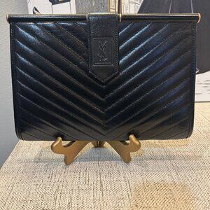 Yves Saint Laurent Vintage Leather Chevron Quilted YSL Logo Large Clutch